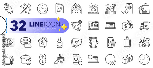 Outline set of Video conference, Adhesive tape and Tea line icons for web with Cursor, Clock, Approved thin icon. Inventory cart, Canister, Web lectures pictogram icon. Roller coaster. Vector