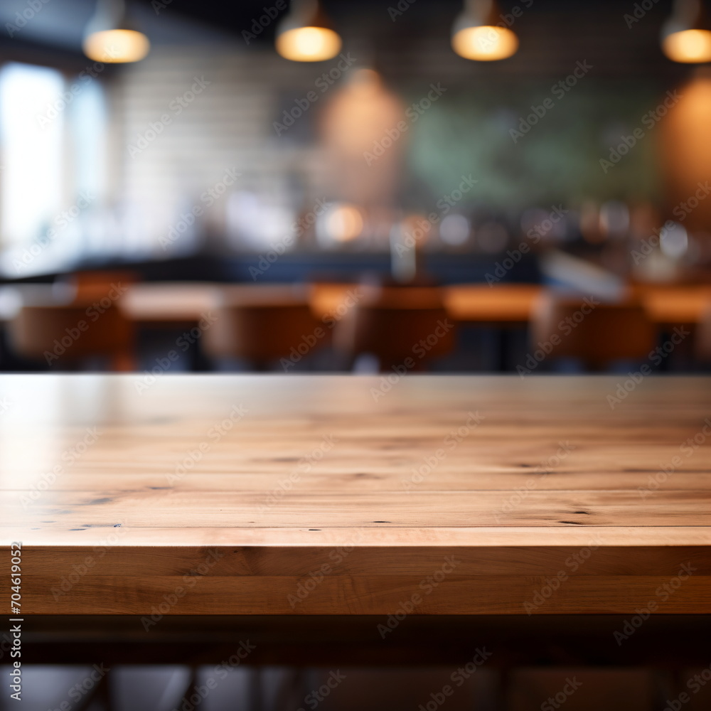 Empty wooden table in a restaurant with blurred background