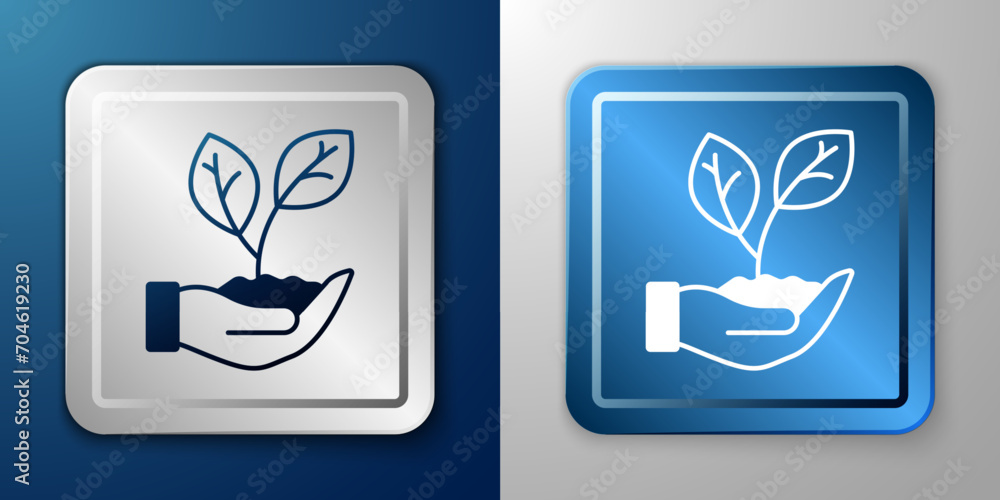 White Hand hold a leaf of the plant icon isolated on blue and grey background. Care nature. Leaf shoots with environmental protection. Silver and blue square button. Vector White Hand hold a leaf of the plant icon isolated on blue and grey background. Care nature. Leaf shoots with environmental protection. Silver and blue square button. Vector