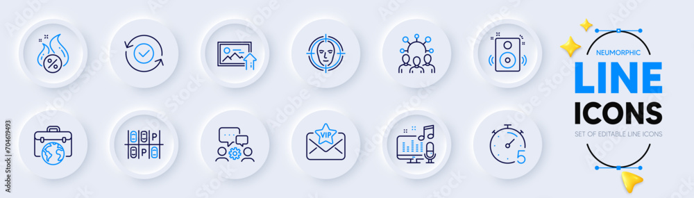 Engineering team, Podcast and Parking place line icons for web app. Pack of Security confirmed, Face detect, Speakers pictogram icons. Squad, Vip mail, Hot loan signs. Businessman case. Vector Engineering team, Podcast and Parking place line icons for web app. Pack of Security confirmed, Face detect, Speakers pictogram icons. Squad, Vip mail, Hot loan signs. Businessman case. Vector