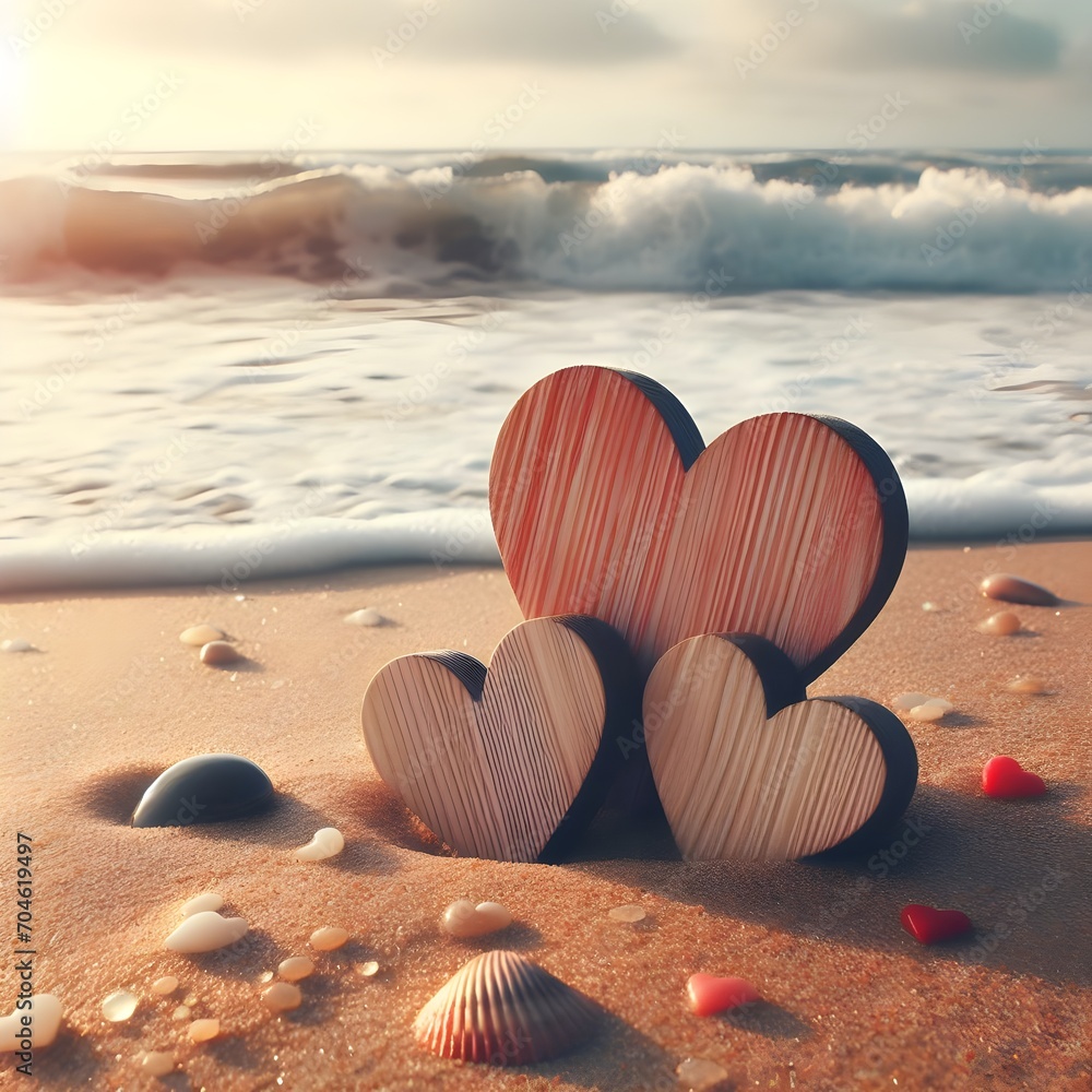 Fototapeta premium Wooden hearts on the beach. Love concept. Valentines day.