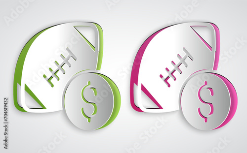 Paper cut American football betting money icon isolated on grey background. Football bet bookmaker. Soccer betting online make money. Paper art style. Vector