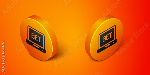 Isometric Online sports betting icon isolated on orange background. Sport bet bookmaker. Betting online make money. Orange circle button. Vector