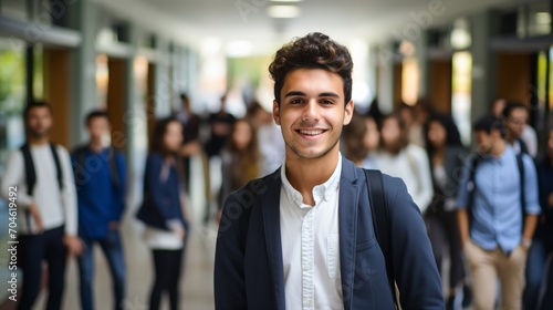 Confident male college student with a group of blurred students in the background