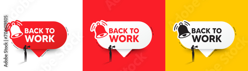 Back to work tag. Speech bubbles with bell and woman silhouette. Job offer. End of vacation slogan. Back to work chat speech message. Woman with megaphone. Vector