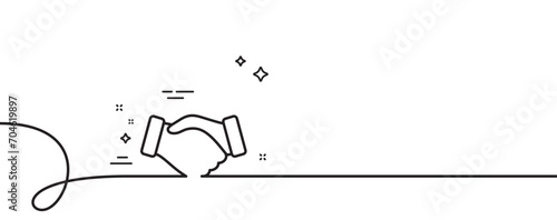 Handshake line icon. Continuous one line with curl. Hand gesture sign. Business deal palm symbol. Handshake single outline ribbon. Loop curve pattern. Vector