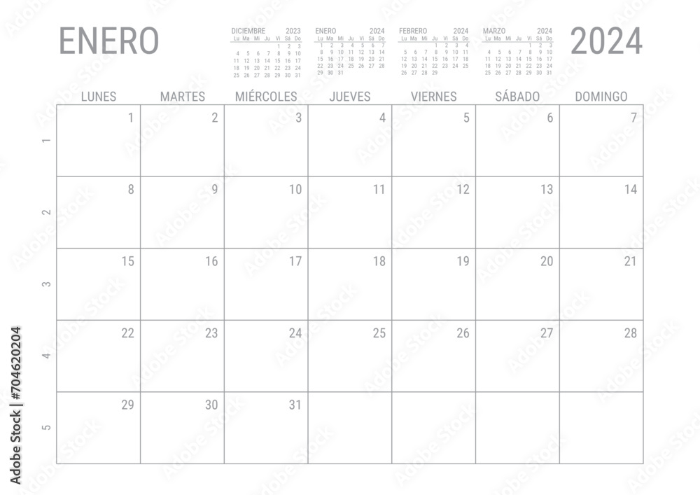 Enero Calendario 2024 Mensual para imprimir con numero de semanas A4 