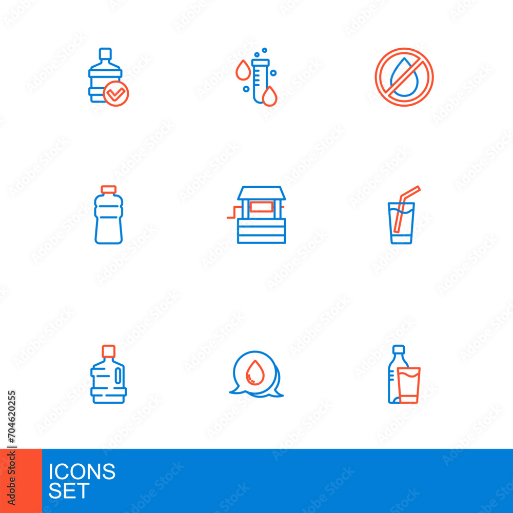 Set line Bottle of water with glass, Water drop speech bubbles, Big bottle clean, Glass, Well, forbidden and Test tube icon. Vector Set line Bottle of water with glass, Water drop speech bubbles, Big bottle clean, Glass, Well, forbidden and Test tube icon. Vector