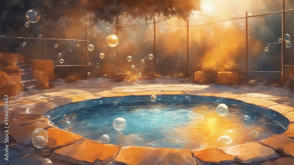 fountain in the park  A warm and inviting water pool with bubbles and splashes. The water is yellow and orange, radiating - obrazy, fototapety, plakaty 