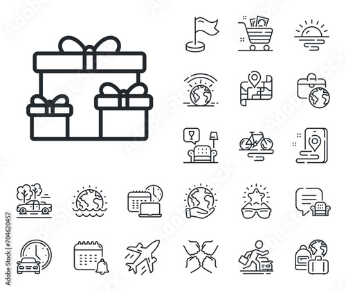 Present or Sale sign. Plane jet, travel map and baggage claim outline icons. Gift boxes line icon. Birthday Shopping symbol. Package in Gift Wrap. Surprise boxes line sign. Vector