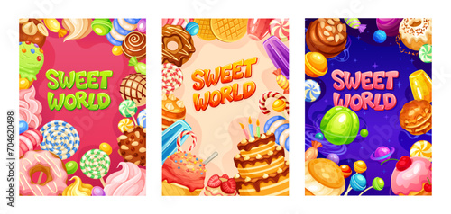 Candy world posters. Sweet wonderland banner design, fantasy donuts planet in galaxy space, chocolate jelly sweets cake caramel lollipop