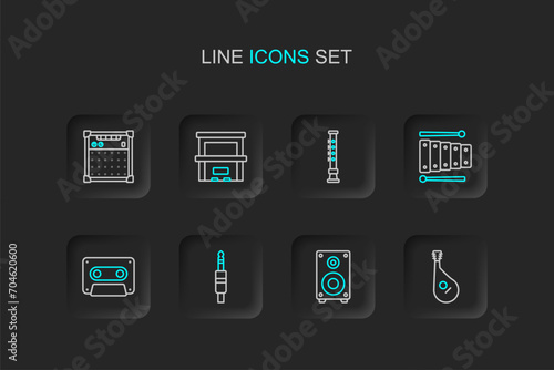 Set line Bandura, Stereo speaker, Audio jack, Retro audio cassette tape, Xylophone, Flute, Piano and Guitar amplifier icon. Vector