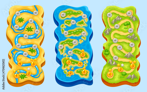 Mobile level map. Adventure casual game asset, road direction mountain island platform levels maps design nature landscape