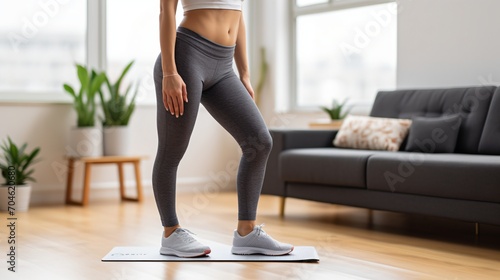 A woman in sportswear standing on an exercise mat in a living room photo