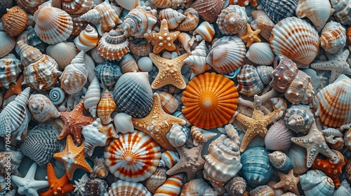 A collage of seashells and marine life arranged in a creative pattern, ideal for nature-inspired designs. [Marine life collage]