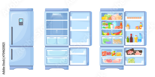 Open and closed refrigerator. Opening fridge door empty or full food inside fridges, open close freezer for supermarket meals shop kitchen interior cartoon neat vector illustration