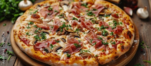 Delicious Capricciosa pizza with prosciutto, cheese, and mushrooms on a wooden table. photo