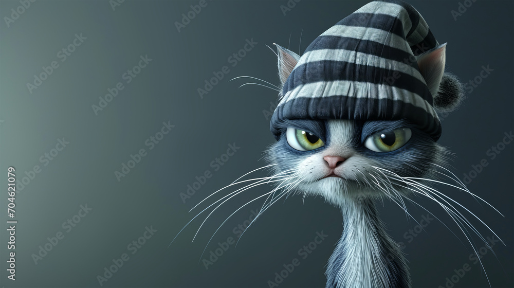disgruntled suspicious cat in a hat - obrazy, fototapety, plakaty 