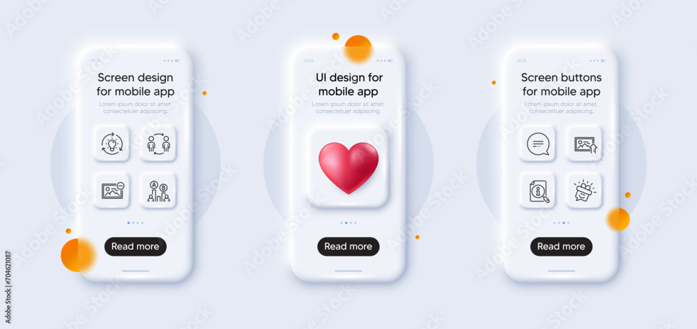 Search, Idea and Ab testing line icons pack. 3d phone mockups with heart. Glass smartphone screen. Smile, Workflow, Text message web icon. Remove image, Upload photo pictogram. Vector Search, Idea and Ab testing line icons pack. 3d phone mockups with heart. Glass smartphone screen. Smile, Workflow, Text message web icon. Remove image, Upload photo pictogram. Vector