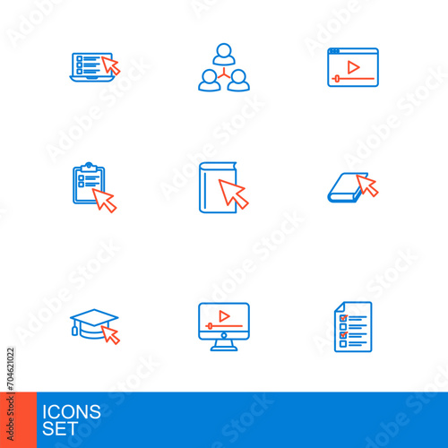 Set line Online quiz, test, survey, play video, Graduation cap with cursor, book, and class icon. Vector photo