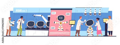 Making robot lab. Engineers build robots in science laboratory, bot invention development or hardware repair, software electronic computing computer tech classy vector illustration