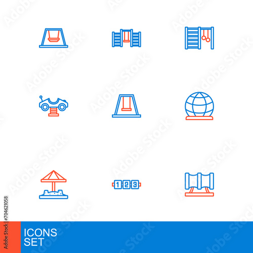 Set line Kid playground slide pipe, Education logic game, Sandbox with sand, Playground climbing equipment, Swing car, for kids, Swedish wall and icon. Vector