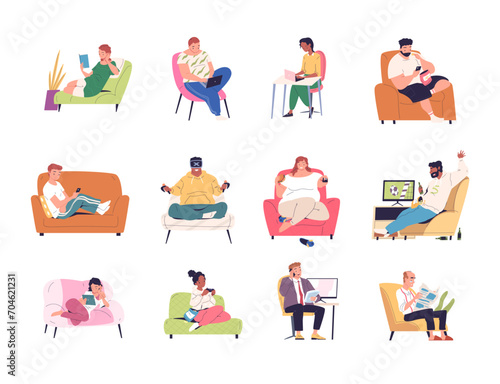 Sedentary lifestyle. Lazy people sit resting on seat, overweight fat man or chubby girl character bad habit eating fastfood reading phone, inactive life classy vector illustration
