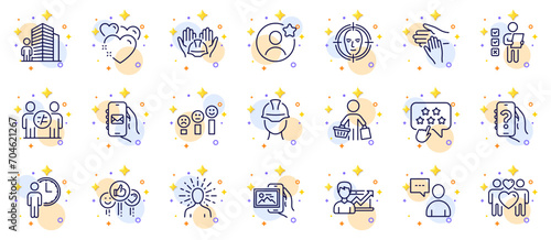 Outline set of Mail app, Ranking star and Heart line icons for web app. Include Discrimination, Buyer, Voting ballot pictogram icons. Waiting, Best friend, Volunteer signs. Vector