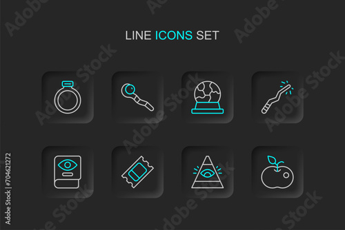 Set line Poison apple, All-seeing eye of God, Circus ticket, Ancient magic book, Magic wand, ball, staff and stone ring icon. Vector