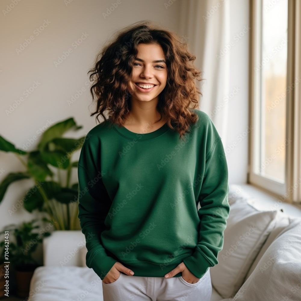 A young middle eastern woman with curly hair smiles in front of a plant A young middle eastern woman with curly hair smiles in front of a plant