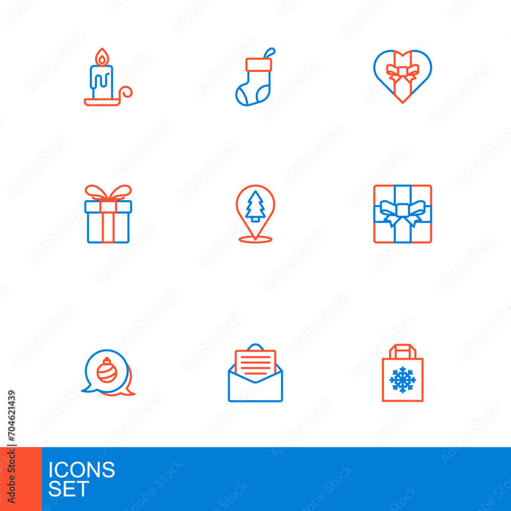 Set line Christmas shopping bag, Envelope, ball, Gift box, tree, and stocking icon. Vector