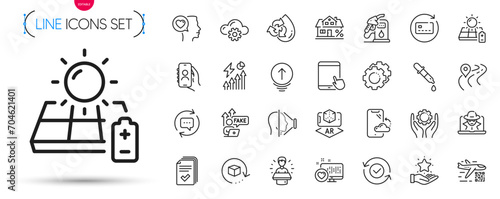Pack of Tablet pc, Swipe up and Road line icons. Include Cloud computing, Handout, Qr code pictogram icons. Mortgage, Heart, Security confirmed signs. Solar panel, Chemistry pipette. Vector