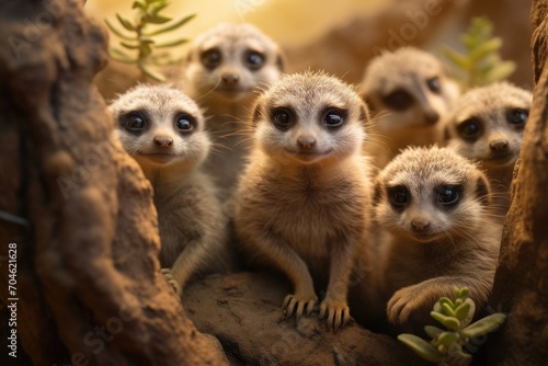 Group of adorable baby meerkats, cute small animals.