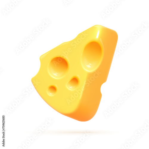 3d cheese piece. Swiss emmental block, realistic render cheeses triangular piece for emoticons culinary restaurant emoji food, cheddar slice with holes nowaday vector illustration