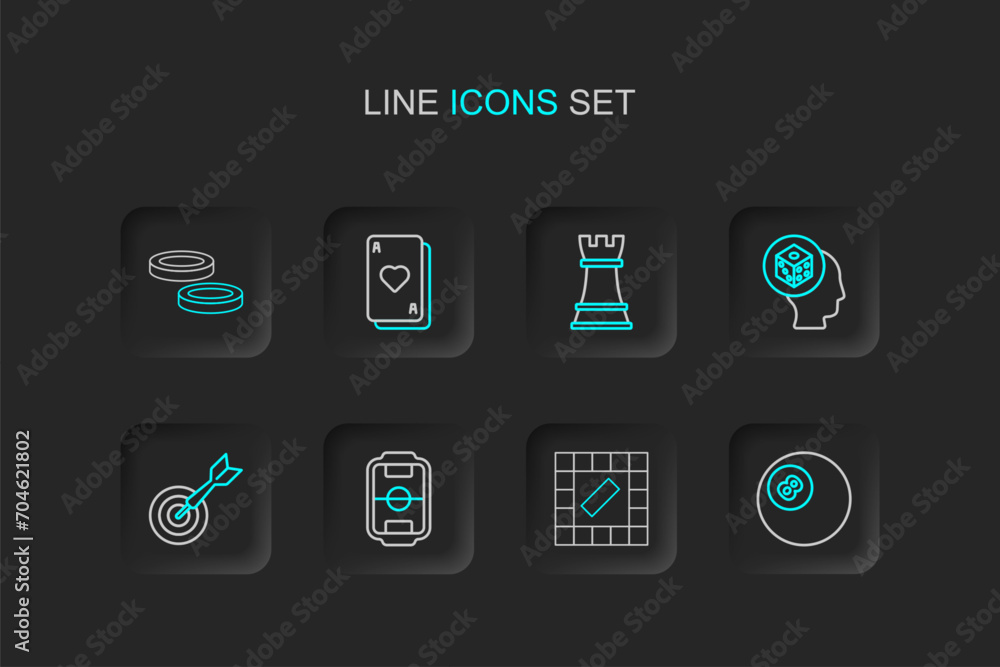 Set line Billiard pool snooker ball, Board game, Table football, Classic dart board and arrow, Game dice, Chess, Playing cards and Checker chips icon. Vector Set line Billiard pool snooker ball, Board game, Table football, Classic dart board and arrow, Game dice, Chess, Playing cards and Checker chips icon. Vector