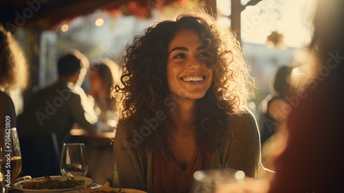 curly hair woman smiling at a restaurant
