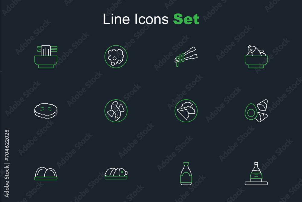 Set line Bottle of sake, Soy sauce bottle, Fish with sliced pieces, Sushi, Chicken egg vegerables, Dumpling, Served cucumber on plate and Homemade icon. Vector Set line Bottle of sake, Soy sauce bottle, Fish with sliced pieces, Sushi, Chicken egg vegerables, Dumpling, Served cucumber on plate and Homemade icon. Vector