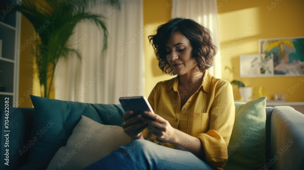A woman in blue jeans and a yellow blouse uses a smartphone. Social networks, online dating, online sales. A woman in blue jeans and a yellow blouse uses a smartphone. Social networks, online dating, online sales.