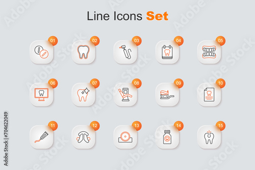 Set line Broken tooth, Toothache painkiller tablet, Otolaryngological head reflector, Dental plate, Tube of toothpaste, Clipboard with dental card, Toothbrush and Medical chair icon. Vector