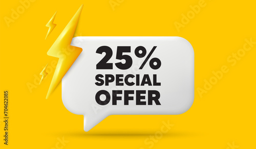 25 percent discount offer tag. 3d speech bubble banner with power energy. Sale price promo sign. Special offer symbol. Discount chat speech message. 3d offer talk box. Vector