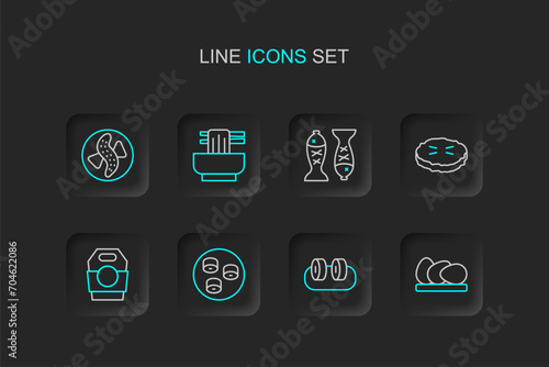 Set line Chicken egg, Sushi, Asian noodles in paper box, Homemade pie, Served fish on plate, bowl and cucumber icon. Vector
