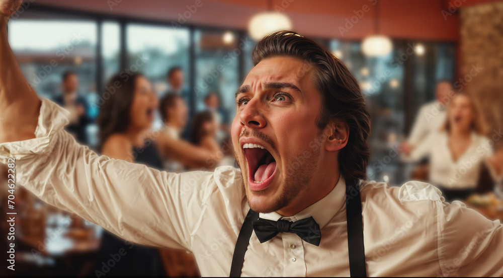 waiter screaming madly in a restaurant - obrazy, fototapety, plakaty 