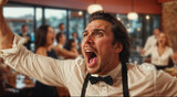 waiter screaming madly in a restaurant