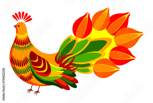 Vector illustration of a fantastic bird with a lush tail, wing, feet isolated on a white background. Vector illustration of a beautiful bird of Petrykivka painting in a cartoon style. Decorative bird.