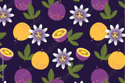 Yellow passion fruit with flower seamless pattern. Whole and half fresh ripe fruits. Exotic tropical fruit wallpaper. Cartoon vector flat blue background