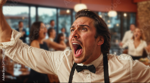 waiter screaming madly in a restaurant