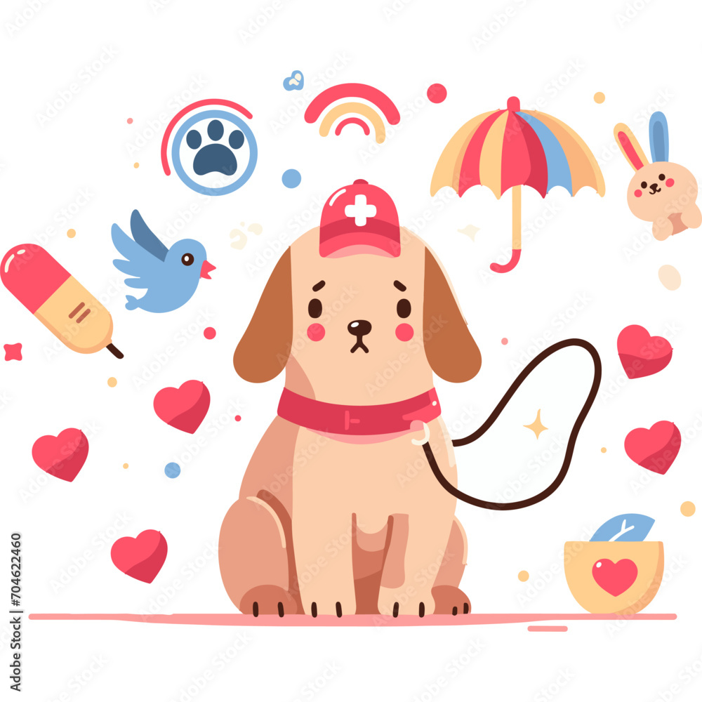 Naklejka premium A flat illustration of a dog in a medical cap with a cross for pet therapy and emotional support by animals. Concept - veterinary medicine, psychology, emotional health