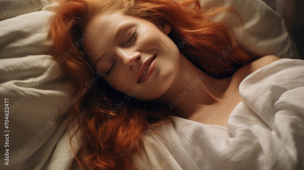 A happy woman lies in bed with her eyes closed and smiles peacefully. Dreams and plans, stress-free, happiness and mental health.