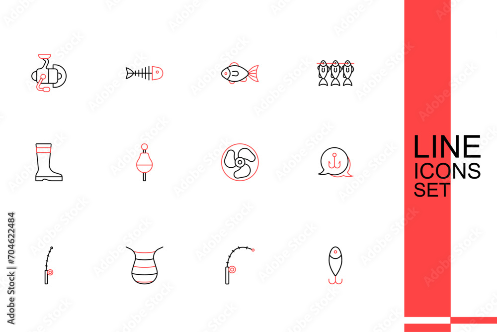 Set line Fishing lure, rod, net, hook, Outboard boat motor, float and boots icon. Vector Set line Fishing lure, rod, net, hook, Outboard boat motor, float and boots icon. Vector