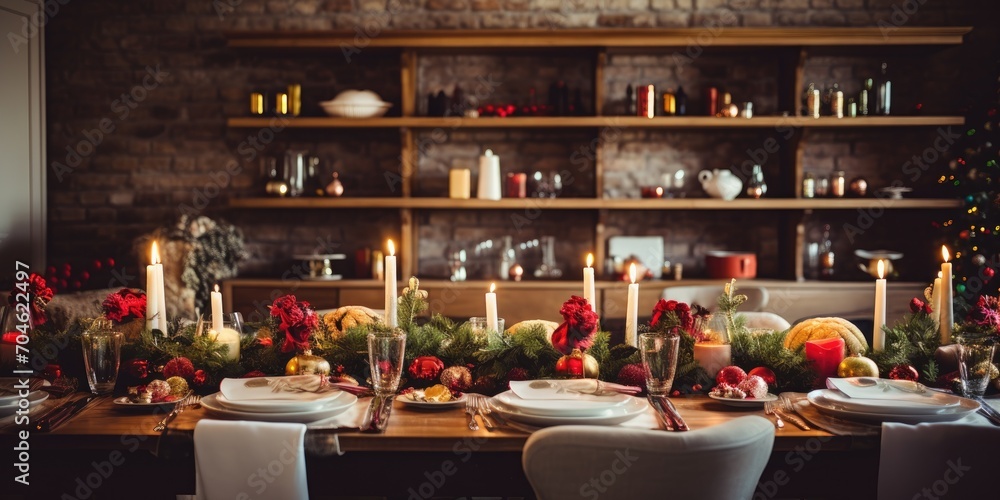 Traditional Christmas dinner table, decorated living room with garlands, dinnerware, and cozy setting to celebrate the religious event.
